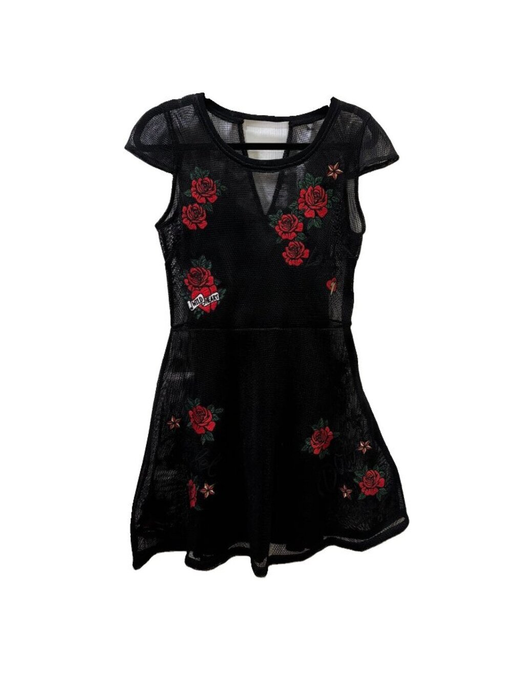 Guess Mesh And Embroidered Roses Black Short Dress Cap Sleeve Whimsy Goth Size M